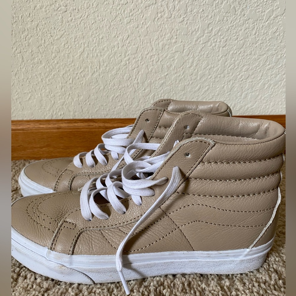 Vans Women’s Sk8 Hi Leather Neutral Beige on Beige shoes